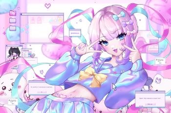 1girl :d back_tattoo blonde_hair blue_eyes blue_hair blue_serafuku blunt_bangs bow chest_bow chouzetsusaikawa_tenshi-chan colored_tips commentary cursor double_v dual_persona english_text fang feet_out_of_frame hair_bow highres icon_(computing) looking_at_viewer mimikawo multicolored_hair multiple_hair_bows needy_girl_overdose official_art_inset open_mouth pink_hair quad_tails school_uniform serafuku short_hair sidelocks skin_fang smile solo_focus stomach symbol-only_commentary tattoo tramp_stamp v window_(computing)