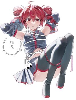 1girl ? ahoge armpits arms_behind_head black_boots boots bound collared_shirt convenient_leg detached_sleeves drill_hair earbuds earphones full_body grey_shirt grey_skirt grey_sleeves half-closed_eye hashtag-only_commentary headphones highres kasane_teto kasane_teto_(utau) knees_up looking_at_viewer midriff parted_lips red_eyes red_hair samsap shirt simple_background sitting skirt sleeveless sleeveless_shirt spoken_question_mark sweat thigh_boots tied_up_(nonsexual) twin_drills utau v-shaped_eyebrows white_background