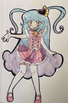 Rule 34 | 11voegel, 1girl, :d, blue hair, bow, bowtie, full body, gradient hair, hair ornament, heart, heart hair ornament, highres, lobotomy corporation, long hair, looking at viewer, magical girl, multicolored hair, open mouth, pink bow, pink bowtie, pink garter straps, pink shoes, pink skirt, pink vest, project moon, purple hair, queen of hatred, shoes, simple background, skirt, smile, solo, standing, striped clothes, striped skirt, thighhighs, traditional media, two side up, vertical-striped clothes, vertical-striped skirt, vest, white background, white thighhighs, yellow eyes