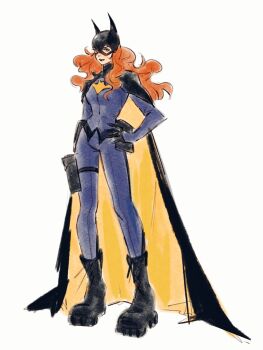 1girl absurdres bat_hood bat_mask batgirl black_boots black_cape black_gloves black_mask bodysuit boots breasts cape closed_mouth commentary dc_comics english_commentary full_body gloves grey_bodysuit hand_on_own_hip highres long_hair medium_breasts mmariesr orange_hair pouch sketch solo standing superhero_costume thigh_pouch two-sided_cape two-sided_fabric white_background yellow_cape