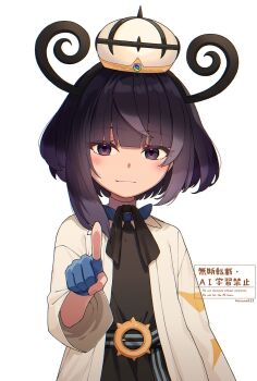 1girl belt belt_buckle black_dress black_hair blue_gloves blush buckle closed_mouth coat commentary dress gloves gwynn_(pokemon) hat highres index_finger_raised long_sleeves looking_at_viewer mega_stone nintendo nisanrei121 o-ring o-ring_belt open_clothes open_coat partially_fingerless_gloves pokemon pokemon_legends:_z-a purple_eyes smile solo symbol-only_commentary upper_body white_background white_coat