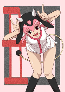 1girl animal_ear_headwear animal_ears bad_id bad_pixiv_id black_socks breasts brown_eyes cleavage fake_animal_ears fake_horns fake_tail gen_2_pokemon horns horns_pose kneehighs knees_together_feet_apart leaning_forward looking_at_viewer magyo miltank nintendo open_mouth pink_hair pokemon pokemon_gsc shirt short_shorts short_sleeves shorts smile socks solo tail thighs twintails white_shirt white_shorts whitney_(pokemon)