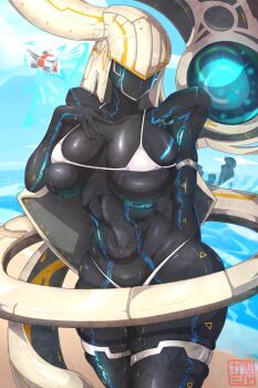 1girl absurdres aeda_type-g beach beam bikini black_skin breasts colored_skin faceless faceless_female female_focus highres large_breasts last_origin levanshousa913 micro_bikini navel ocean robot robot_girl skindentation solo spaceship swimsuit thick_thighs thighs water white_bikini white_hair wide_hips