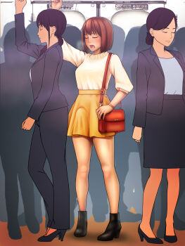 1futa 2girls absurdres bag black_hair brown_hair bulge business_suit chikan daisy_mitsumata daisymitsumata erection erection_under_clothes formal_clothes futanari handbag heavy_breathing high_heels highres molestation multiple_girls pigeon-toed ponytail skirt suit train