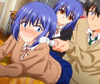 1boy 2girls anime_screenshot blue_eyes blue_hair blush classroom hayato_(kaede_to_suzu) hetero highres hoshizuki_kaede hoshizuki_suzu kaede_to_suzu leaning_on_table love_me multiple_girls orange_eyes school school_uniform serafuku sex_toy short_hair siblings sisters skirt stitched third-party_edit twins vibrator