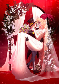 Rule 34 | 1boy, 1girl, adylaineart, blonde hair, blush stickers, commentary, couple, demon boy, demon girl, english commentary, english text, hair slicked back, hazbin hotel, hellaverse, hetero, highres, husband and wife, lilith (hazbin hotel), looking at another, lucifer morningstar (hazbin hotel), wedding