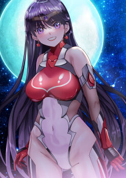1girl absurdres arion_canvas bishoujo_senshi_sailor_moon black_hair bodysuit breasts circlet covered_navel crotch earrings elbow_gloves gem gloves highleg highleg_leotard highres hino_rei impossible_clothes impossible_leotard jewelry large_breasts leotard lips long_hair looking_at_viewer moon navel outdoors purple_eyes purple_gemstone red_bodysuit sailor_mars skin_tight sky smile solo star_(sky) star_(symbol) star_earrings starry_sky taimanin_(series) taimanin_suit