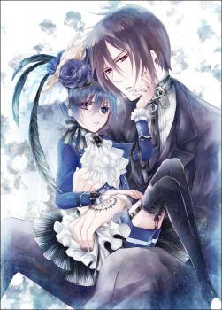 black_hair blue_eyes ciel_phantomhive flower hat heterochromia jacket kuroshitsuji necktie pants purple_eyes red_eyes ribbon sebastian_michaelis short_hair shorts tatto thighhighs