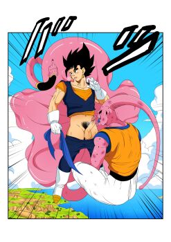 2boys absorption absurdres assimilation colored_skin dragon_ball dragonball_z earrings erection fellatio highres jewelry licking looking_at_another majin_buu majinbuusama male_focus middle_finger multiple_boys oral outdoors penis pink_skin potara_earrings red_eyes super_buu testicles tongue vegetto yaoi