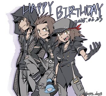 1boy bandana black_hat black_hoodie black_shoes boots brown_hair dark-skinned_male dark_skin facial_mark happy_birthday hat hoodie jewelry male_focus minamimoto_sho necklace open_clothes open_shirt pants shin_subarashiki_kono_sekai shoes spiked_hair subarashiki_kono_sekai sweatpants tattoo torn_clothes torn_coat torn_pants twitter_username vest waistcoat whisker_markings whiskers yellow_eyes