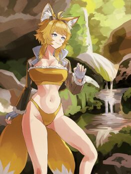 1girl ahoge animal_ear_fluff animal_ears antenna_hair aqua_eyes bikini blonde_hair blue_eyes blurry blurry_background bra breasts brown_jacket cleavage collared_jacket colored_skin commentary cropped_jacket english_commentary fingerless_gloves floral_background fox_ears fox_tail fur-trimmed_jacket fur_trim furry furry_female fusenryo genderswap gloves gluteal_fold goggles goggles_on_head humanization jacket large_ears large_tail light_smile lingerie looking_ahead looking_to_the_side medium_breasts millie_tails_prower multiple_tails open_clothes open_jacket partially_fingerless_gloves plant reflection reflective_liquid river riverbank rock short_hair simple_background smile sonic_(series) swimsuit tail tails_(sonic) thick_thighs thighs thong thong_bikini two_tails underwear water waterfall white_fur white_gloves white_skin yellow_bikini yellow_tail