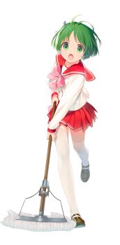 1girl :o android antenna_hair aquaplus artist_request blouse bow bowtie brown_shoes buttons collared_shirt dot_nose dress_shoes facing_viewer fingernails full_body green_eyes green_hair holding holding_mop legs_apart light_blush loafers long_sleeves looking_at_viewer miniskirt mop multi_(to_heart) official_art open_mouth penny_loafers pink_bow pink_bowtie pleated_skirt red_sailor_collar red_skirt robot_ears running_towards_viewer sailor_collar school_uniform second-party_source serafuku shirt shoes short_hair side_slit sidelighting skirt sleeve_cuffs socks solo tachi-e tareme thighhighs to_heart to_heart_(series) tongue transparent_background white_shirt white_sleeves white_socks white_thighhighs