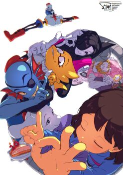 alphys android animal_ears anniversary annoying_dog asgore_dreemurr beard black_eyes black_hair blonde_hair blue_jacket blue_shirt blue_skin boots brown_hair candle closed_eyes colored_sclera colored_skin commentary dog eyepatch facial_hair fins fire fish_girl flower flowey_(undertale) food frisk_(undertale) glasses gloves goat_boy goat_ears goat_girl hair_over_one_eye head_fins highres index_finger_raised jacket mettaton mettaton_ex multiple_boys multiple_girls napstablook ok_sign one_eye_covered papyrus_(undertale) pie pie_slice plate red_boots red_gloves reptile_girl sans_(undertale) shirt short_hair signature skeleton somm_(z0mu_9999) toriel twitter_username undertale undyne utdr_(toby_fox) yellow_flower yellow_sclera yellow_skin