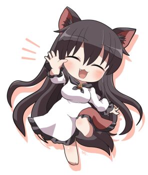 1girl :3 :d ^_^ animal_ear_fluff animal_ears barefoot black_hair blush brooch chibi chibi_only closed_eyes commentary_request dress drop_shadow facing_viewer fang frilled_dress frilled_sleeves frills full_body hand_up highres imaizumi_kagerou jewelry long_hair long_sleeves notice_lines open_mouth red_dress rokugou_daisuke signature simple_background smile solo standing standing_on_one_leg tail touhou two-tone_dress very_long_hair white_background white_dress wolf_ears wolf_girl wolf_tail