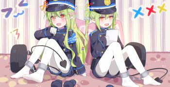 ! !! 2girls :d abigcarrot_owo absurdres arm_support armband backpack bag belt black_bag black_belt blue_archive blue_armband blue_hat blue_jacket blue_shorts blue_skirt blue_slippers blush bound bound_legs buttoned_cuffs buttons charm_(object) chinese_commentary cropped_jacket cuffs demon_tail dot_nose double-breasted emoticon fang full_body gloves green_hair green_halo halo hand_up hat highres hikari_(blue_archive) holding holding_tablet_pc indoors jacket kaomoji kepi knees_together_feet_apart knees_up legs legs_apart long_hair long_sleeves looking_ahead looking_at_viewer military_hat military_uniform miniskirt multiple_girls no_shoes nozomi_(blue_archive) on_floor open_mouth pantyhose peaked_cap pleated_skirt pointy_ears shackles short_shorts shorts siblings sidelocks sisters sitting skin_fang skirt sleeve_cuffs sleeves_past_wrists slippers smile striped_wall tablet_pc tail tail_around_own_leg thick_eyebrows twins twintails unworn_backpack unworn_bag unworn_slippers very_long_hair white_gloves white_pantyhose yellow_eyes