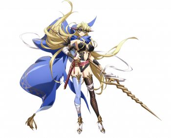 1girl bandaged_arm bandages belt black_leotard blonde_hair blue_cloak breasts cleavage cloak closed_mouth clothing_cutout curtained_hair eye_mask floating_cape floating_hair full_body game_cg hand_on_own_hip high_heels holding holding_polearm holding_weapon langrisser langrisser_millenium_ws langrisser_mobile large_breasts leotard long_hair looking_at_viewer mask mismatched_thighhighs multiple_belts navel official_art orange_eyes polearm rerebrace sheath sheathed shoes simple_background solo spear standing sword tachi-e thighhighs third-party_source tiana_(langrisser) torn_cloak torn_clothes transparent_background vambraces very_long_hair weapon white_shoes