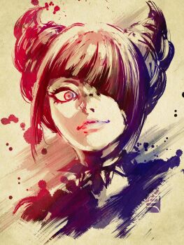 1girl absurdres black_hair close-up closed_mouth commentary diagonal_bangs hair_horns hair_over_one_eye han_juri highres ink_wash_painting limited_palette pe51illust purple_eyes revision solo street_fighter street_fighter_6