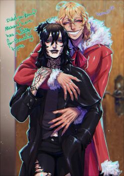 2boys black_hair blackberreh-art blonde_hair blonde_hair_roots blue_eyes commentary curly_hair design_speculation distortion_(tma) earrings english_commentary eye_tattoo face_piercing finger_tattoo gerard_keay goth_fashion grin highres jewelry lips long_hair makeup male_focus michael_shelley multicolored_hair multiple_boys neck_tattoo nose_piercing nose_ring piercing septum_piercing shirt smile snakebite_(piercing) tattoo teeth the_magnus_archives yaoi