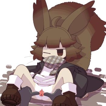 1girl ahoge all_fours animal_ears anus black_jacket body_fur bottomless brown_eyes brown_hair brown_scarf brown_shoes clitoris covered_mouth crepix disembodied_hand female_focus flat_chest from_behind furry furry_female gradient_hair hair_flaps half-closed_eye hood hood_down hooded_jacket jacket jitome large_tail loli long_sleeves looking_back matching_hair/eyes multicolored_hair one_eye_closed open_clothes open_jacket original oversized_clothes oversized_jacket plaid_clothes plaid_scarf pussy scarf shirt shoes short_hair socks solo_focus spread_legs spread_pussy spreading_another&#039;s_pussy squirrel_ears squirrel_girl squirrel_tail tail tail_raised two-tone_fur uncensored urethra whiskers white_fur white_shirt white_socks wince yellow_fur zipper