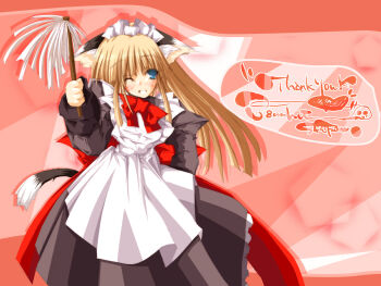 1girl 2000s_(style) abstract_background animal_ear_fluff animal_ears anime_coloring apron aqua_eyes archived_source arm_behind_back back_bow bad_link blunt_bangs blunt_ends blunt_sidelocks blush bow brown_dress brown_fur brown_sleeves brown_tail cat_ears cat_girl cat_tail dress duster ears_down english_text facing_viewer frilled_apron frills heart holding holding_duster large_bow long_dress long_hair looking_to_the_side maid maid_apron maid_headdress milestone_celebration one_eye_closed original petticoat pink_background red_bow retro_artstyle shinkichi_(usadama) sidelocks sleeve_cuffs smile solo standing tail teeth two-tone_fur white_apron white_fur white_headdress white_tail