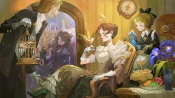 1boy 2girls absurdres afk_(series) afk_journey analog_clock apron basket bird bird_on_hand birdcage black_bow black_dress black_gloves black_jacket black_necktie black_pants blonde_hair blue_bow blue_eyes blue_pants blue_shirt bodice book bookshelf bow braid braided_hair_rings bread brown_eyes brown_hair butler cage candelabra candle candlestand chair clock closed_mouth collared_dress collared_shirt commentary crossed_legs cup different_reflection dress earrings english_commentary flower flower_request food frilled_sleeves frills fruit gloves grapes green_shoes gun hair_bow hair_bun hair_ornament hair_rings hand_up high_heels highres holding holding_cage holding_gun holding_tray holding_weapon indoors jacket jewelry juliet_sleeves lapels lips long_hair long_sleeves looking_at_viewer looking_to_the_side maid maid_apron mandarin_orange mirror mole mole_above_mouth multiple_girls necktie official_art on_chair open_clothes open_jacket open_shirt pants parted_hair pearl_earrings picture_frame pomegranate puffy_sleeves purple_flower reflection shirt shoes short_hair short_sleeves single_side_bun sitting smile snow_globe standing striped_clothes striped_dress table tablecloth teacup teapot tie_clip tjulywoods tray turtleneck turtleneck_dress vala_(afk) vase vertical-striped_clothes vertical-striped_dress wall_clock weapon white_apron white_gloves white_shirt wide_sleeves yellow_dress