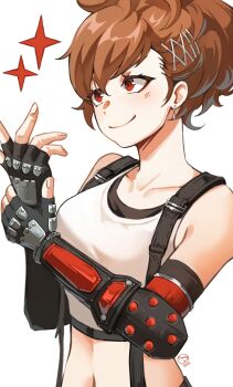 1girl adjusting_clothes adjusting_gloves bare_shoulders black_gloves black_sports_bra bracelet breasts brown_hair closed_mouth collarbone commentary commission cosplay crop_top earrings elbow_gloves english_commentary final_fantasy final_fantasy_vii final_fantasy_vii_remake fingerless_gloves gloves hair_ornament hairclip high_ponytail jewelry light_blush lo_kyu midriff navel persona persona_3 persona_3_portable ponytail red_eyes shiomi_kotone simple_background single_arm_guard single_earring smile solo sparkle sports_bra suspenders tank_top tifa_lockhart tifa_lockhart_(cosplay) upper_body white_background white_tank_top