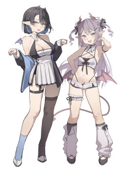 2girls absurdres armpits asymmetrical_legwear bare_shoulders black_hair blue_eyes breasts cleavage colored_inner_hair crop_top demon_girl demon_horns demon_tail demon_wings detached_collar dress frilled_thigh_strap grey_hair hand_on_own_hip hand_up highleg highres horns indie_virtual_youtuber jacket large_breasts long_hair looking_at_viewer loose_socks low_wings micro_shorts midori_fufu midori_fufu_(vtuber) midriff mini_wings mole mole_on_breast mole_under_eye multicolored_hair multiple_girls navel off_shoulder open_clothes open_fly open_jacket open_mouth original panty_straps pleated_dress pointy_ears shirt shoes short_dress short_hair shorts simple_background single_thighhigh sleeveless sleeveless_dress sleeveless_shirt small_breasts smile socks stomach tail thigh_strap thighhighs thighs two_side_up virtual_youtuber white_background white_dress white_shirt white_shorts wings