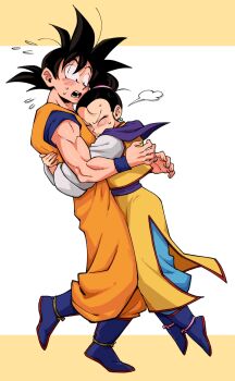 1boy 1girl arms_around_another's_back bare_arms black_eyes black_hair blue_boots blush boots bracelet breasts chi-chi_(dragon_ball) china_dress chinese_clothes commentary_request couple dougi dragon_ball dragonball_z dress eyelashes from_side hair_bun hair_pulled_back hair_slicked_back hand_on_another's_hip hands_on_another's_neck hetero high_collar highres hug jewelry looking_at_another loose_hair_strand medium_breasts muscular muscular_male neckerchief open_mouth parted_lips pectorals profile purple_neckerchief simple_background single_hair_bun sleeveless sleeveless_dress son_goku spiked_hair surprised sweatdrop two-tone_background undershirt upper_body white_background yellow_dress yonaka_ma12kara