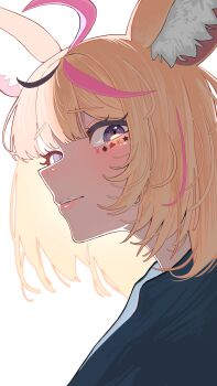 1girl absurdres ahoge alternate_costume animal_ear_fluff animal_ears black_shirt black_streaks blonde_hair closed_mouth commentary_request fox_ears fox_girl highres hololive looking_at_viewer medium_hair omaru_polka pink_streaks purple_eyes shirt solo virtual_youtuber white_background yuuppi