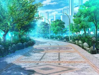 artist_request blue_sky brick_road building bush city cloud day game_cg lamppost light_rays magia_record:_mahou_shoujo_madoka_magica_gaiden mahou_shoujo_madoka_magica no_humans official_art outdoors park path road rock scenery shadow sky skyscraper sunlight tree