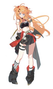 Rule 34 | 1girl, absurdres, black boots, black skirt, black tube top, black wings, blue eyes, boots, bracelet, breasts, fake wings, full body, highres, jewelry, looking at viewer, medium breasts, midriff, neon genesis evangelion, nizi w, orange hair, simple background, single wing, skirt, smile, solo, souryuu asuka langley, strapless, thigh strap, tube top, white background, wings