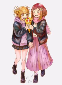Rule 34 | 2girls, :d, black jacket, black shoes, black skirt, blonde hair, blush, boku no hero academia, brown hair, closed eyes, commentary, crepe, dated, double bun, fangs, flower, food, grin, hair bun, hair flower, hair ornament, highres, holding, holding crepe, holding food, holding hands, hood, hoodie, interlocked fingers, jacket, long hair, long skirt, multiple girls, open mouth, pink hoodie, pink scarf, pink skirt, pleated skirt, qb 0211, scarf, shoes, sidelocks, signature, skirt, smile, socks, sweater, toga himiko, uraraka ochako, white background, white socks, yellow eyes, yellow sweater, yuri