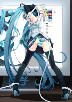 1girl anal anal_object_insertion aqua_eyes aqua_hair aqua_nails arms_behind_back arms_up back-seamed_legwear bdsm bondage bound butt_plug cable cameltoe computer detached_sleeves female_focus gag gagged hatsune_miku highres kneepits long_hair monitor murakami_suigun nail_polish object_insertion panties seamed_legwear sex_toy shibari solo striped_clothes striped_panties thighhighs twintails underwear usb very_long_hair vocaloid zettai_ryouiki