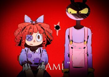 1boy 1girl blue_bow blue_dress bow button_eyes buttons colored_sclera commentary dress english_commentary furry furry_male hair_bow jax_(the_amazing_digital_circus) looking_at_another looking_to_the_side overalls pink_overalls rabbit_boy ragatha_(the_amazing_digital_circus) red_background red_hair shaded_face short_hair short_sleeves the_amazing_digital_circus yellow_sclera yumi_xsh