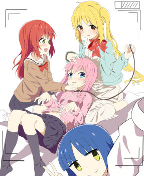 4girls absurdres aqua_jacket blonde_hair blue_eyes blue_hair blush bocchi_the_rock! bow bowtie brown_cardigan brown_collar cardigan chinese_commentary choppy_bangs closed_mouth collar commentary_request dot_nose dress gotoh_hitori green_eyes grey_skirt grey_socks hand_on_another's_chin hand_on_another's_head highres holding holding_leash ijichi_nijika jacket kessoku_band kita_ikuyo kneehighs knees_up leash long_hair long_sleeves looking_at_another looking_at_viewer lying lying_on_person midriff miniskirt mixed-language_commentary multiple_girls navel no_shoes nose_blush on_back open_clothes open_jacket open_mouth partial_commentary partially_unzipped pink_jacket pleated_skirt polka_dot polka_dot_bow polka_dot_bowtie raised_inner_eyebrows red_bow red_bowtie red_eyes red_hair sailor_collar school_uniform shuka_high_school_uniform side_ponytail simple_background skirt smile socks soha_(sirohase) split_mouth straight_hair taking_picture track_jacket v wavy_mouth white_background white_dress white_sailor_collar white_socks yamada_ryo yellow_eyes yuri