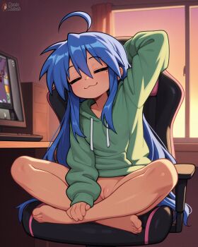 1girl :3 ahoge ai-assisted among_us arm_up bedroom blue_hair chair cleft_of_venus closed_eyes evening female_focus gaming_chair green_hoodie hood hoodie indian_style izumi_konata loli long_hair lucky_star mole mole_under_eye no_pants on_chair oversized_clothes protokebab pussy sitting solo swivel_chair uncensored