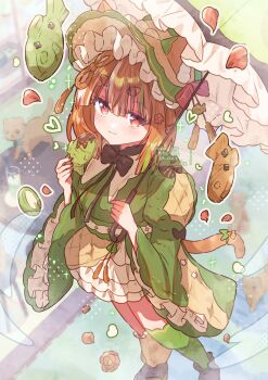 1girl :3 animal_ear_fluff animal_ears blush brown_shoes cat_ears cat_girl cat_tail closed_mouth commentary dress ears_through_headwear feet_out_of_frame food frilled_dress frilled_hat frilled_sleeves frilled_umbrella frills green_dress green_hat green_thighhighs hat holding holding_food holding_umbrella long_sleeves looking_at_viewer orange_hair original red_eyes shoes short_hair smile solo standing symbol-only_commentary tail taiyaki thick_eyebrows thighhighs tsukumi_bis umbrella wagashi wide_sleeves