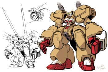 alternate_form armor artist_name commentary firing full_body g_gundam grand_gundam green_eyes gundam haganef horns joints mecha no_pupils piston robot robot_joints shoulder_armor shoulder_cannon signature simple_background small_head standing v-fin white_background