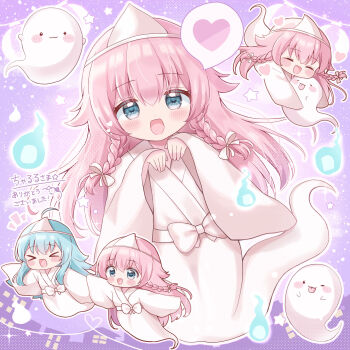 Rule 34 | > <, 2girls, :d, :p, ;p, ahoge, blue hair, blush, braid, chibi, closed eyes, commentary, commission, dot nose, full body, ghost, ghost girl, ghost tail, green hair, hands up, heart, highres, hitodama, japanese clothes, kimono, long hair, long sleeves, looking at viewer, mike mochi, multiple girls, one eye closed, open mouth, original, outline, pink hair, skeb commission, smile, spoken heart, tongue, tongue out, triangular headpiece, twin braids, white kimono, white outline, wide sleeves, xd