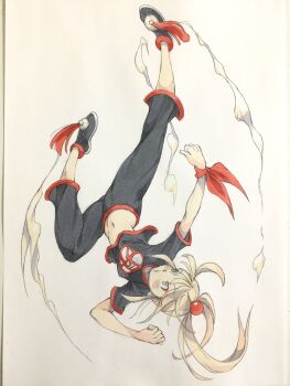 1girl black_pants black_shirt black_shoes blonde_hair blue_eyes bow clothes_writing commentary eyeliner flying_kick full_body highres kicking makeup midriff navel original pants parted_lips peter_salt red_bow red_eyeliner shirt shoes solo traditional_media upside-down white_background wrist_bow