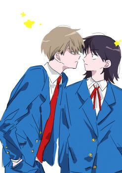 1boy 1girl black_eyes black_hair blazer blue_jacket blue_pants brown_hair closed_mouth collared_shirt commentary dress_shirt eye_contact face-to-face futsuu_no_keion-bu hand_in_pocket hatono_chihiro highres jacket lapels leaning_forward long_sleeves looking_at_another nanatsu_pa neck_ribbon necktie notched_lapels open_clothes open_jacket pants red_necktie red_ribbon ribbon school_uniform shirt short_hair takami_kouki white_background white_shirt wing_collar winter_uniform