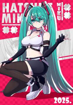 1girl absurdres aqua_eyes aqua_hair arm_strap bare_shoulders belt black_choker black_gloves black_shoes black_shorts black_thighhighs boots breasts character_name checkered_background choker cleavage closed_mouth collarbone converse crop_top elbow_gloves fingerless_gloves full_body gloves grey_shoes hair_between_eyes hair_ornament hairclip hand_on_own_knee hatsune_miku heizi highres kneeling large_breasts long_hair looking_at_viewer medium_breasts midriff navel parallel_hairclips race_queen shoes short_shorts shorts sleeveless smile solo thighhighs twintails very_long_hair vocaloid white_belt