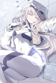 1girl blue_archive blush bodysuit breasts brown_jacket commentary_request covered_navel cropped_jacket grin halo head-mounted_display highres himari_(armed)_(blue_archive) himari_(blue_archive) impossible_bodysuit impossible_clothes jacket long_hair looking_at_viewer open_clothes open_jacket pointy_ears purple_eyes small_breasts smile solo todalbok106 white_bodysuit white_hair white_halo