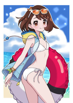 1girl ass beach bikini blue_sky breasts brown_eyes brown_hair closed_mouth cloud day eyewear_on_head gloria_(pokemon) highres holding holding_swim_ring hood hooded_jacket innertube jacket nintendo ocean open_clothes open_jacket outdoors poke_ball_theme pokemon pokemon_swsh short_hair sky small_breasts smile solo sunglasses swim_ring swimsuit white_bikini yuu_(jgvj7873)