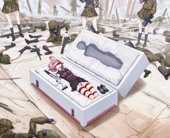 6+girls absurdres after_battle ahoge arms_behind_back ball_gag bdsm black_gloves black_neckerchief black_panties black_socks blue_archive blue_eyes blue_necktie bondage bound bound_arms bound_legs box brown_eyes bulletproof_vest commentary_request crotch_rope defeat drooling fingerless_gloves gag gagged gloves green_serafuku gun halo helmet heterochromia highres hogtie holding holding_gun holding_weapon hoshino_(blue_archive) in_box in_container kumachi_(aikawaakeya) long_hair looking_at_viewer lying military_uniform multiple_girls neckerchief necktie on_stomach panties pink_hair plaid_clothes plaid_skirt pleated_skirt restrained school_uniform serafuku shibari shibari_over_clothes shirt shoes skindentation skirt sneakers socks spread_legs underwear weapon white_panties white_shirt white_socks