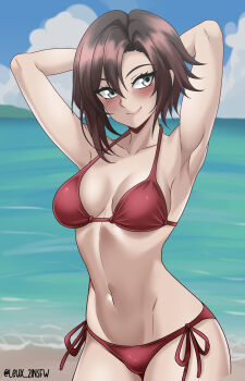 1girl absurdres armpits arms_behind_head beach bikini black_hair breasts cleavage grey_eyes highres large_breasts legs leux_21 navel ocean red_hair rooster_teeth ruby_rose rwby short_hair smile solo swimsuit thighs twitter water