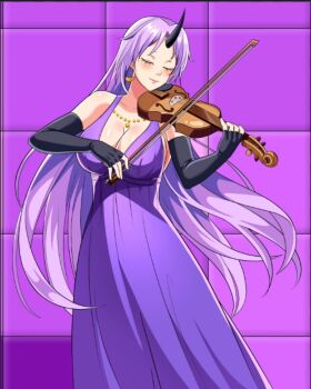 1girl aliasing black_gloves bow_(music) breasts cleavage closed_eyes commentary dress earrings elbow_gloves english_commentary fingerless_gloves gloves heyreza.art highres holding holding_bow_(music) holding_instrument holding_violin horns instrument jewelry large_breasts long_dress long_hair music playing_instrument purple_background purple_dress purple_hair shion_(tensura) single_horn smile solo tensei_shitara_slime_datta_ken very_long_hair violin