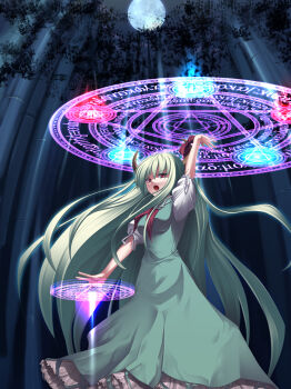 1girl bamboo bamboo_forest date_hajime dress ex-keine female_focus forest full_moon green_hair highres horns kamishirasawa_keine long_hair magic_circle moon nature necktie open_mouth pentagram ribbon solo touhou tree