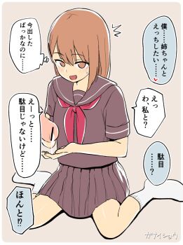 Rule 34 | 1girl, ^^^, artificial vagina, bar censor, black sailor collar, black serafuku, black skirt, blush, brown eyes, brown hair, brown skirt, censored, cum, ganaishoten, grey background, highres, medium hair, neckerchief, original, red neckerchief, sailor collar, school uniform, serafuku, sex toy, short sleeves, simple background, sitting, skirt, socks, solo, speech bubble, translated, white socks