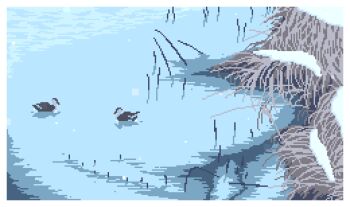 alliko6mg animal animated animated_gif bird border duck looping_animation nature no_humans original outdoors pixel_art pond snow snowing water white_border winter